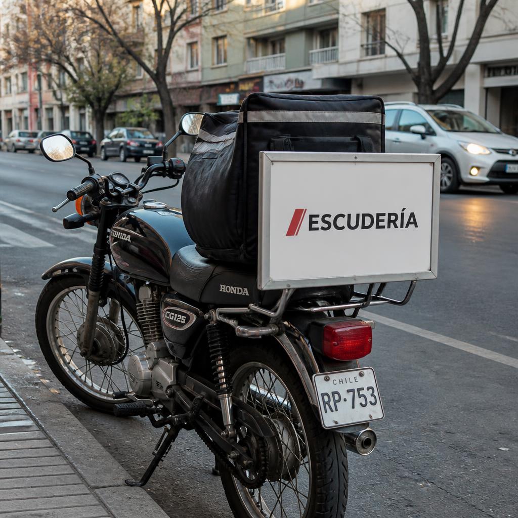 Moto de reparto con el panel publicitario Escudería montado atrás