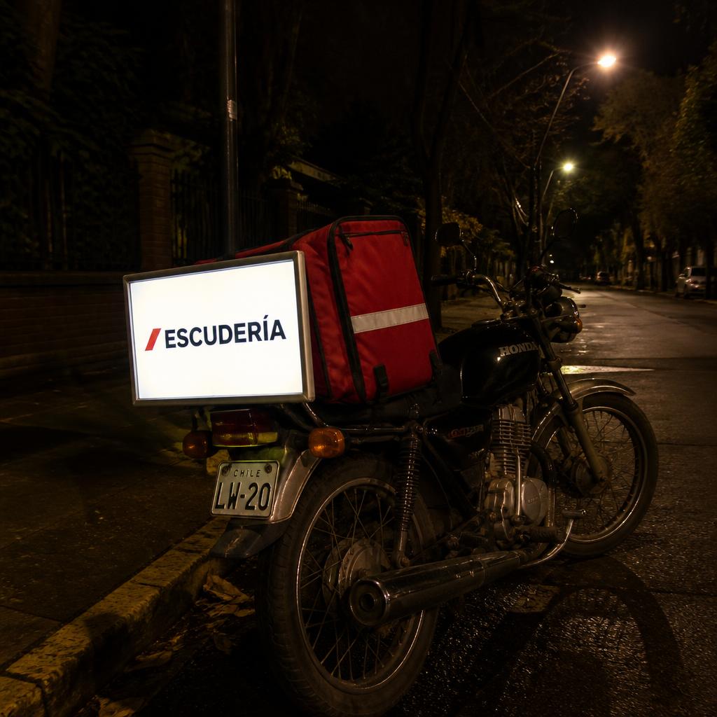 Moto de reparto con la Caja de Luz Escudería, retroiluminada de noche