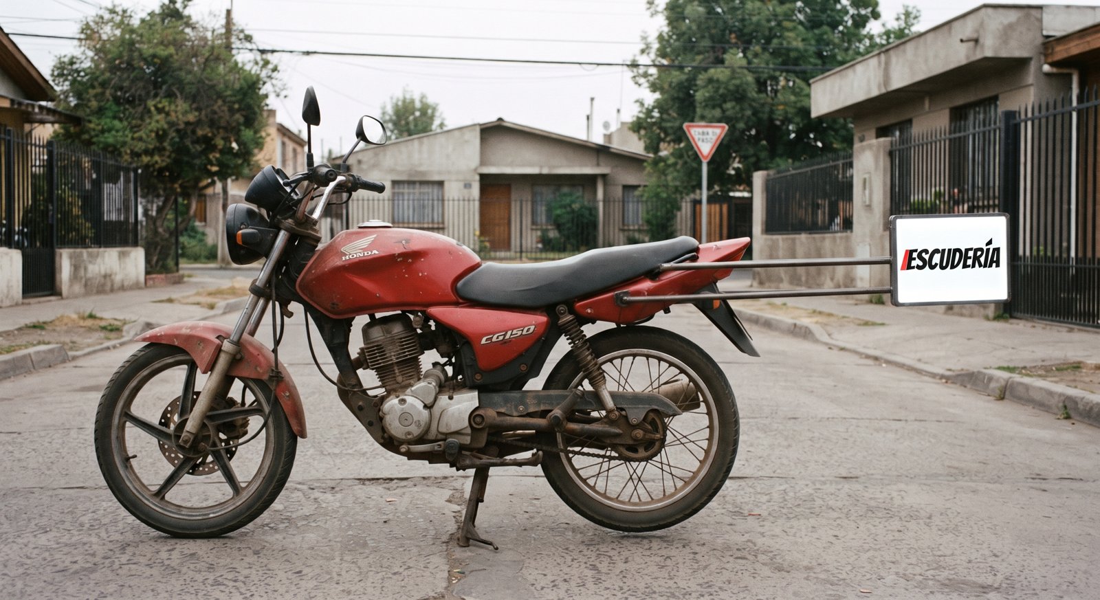 Moto de reparto con el panel publicitario Escudería montado atrás